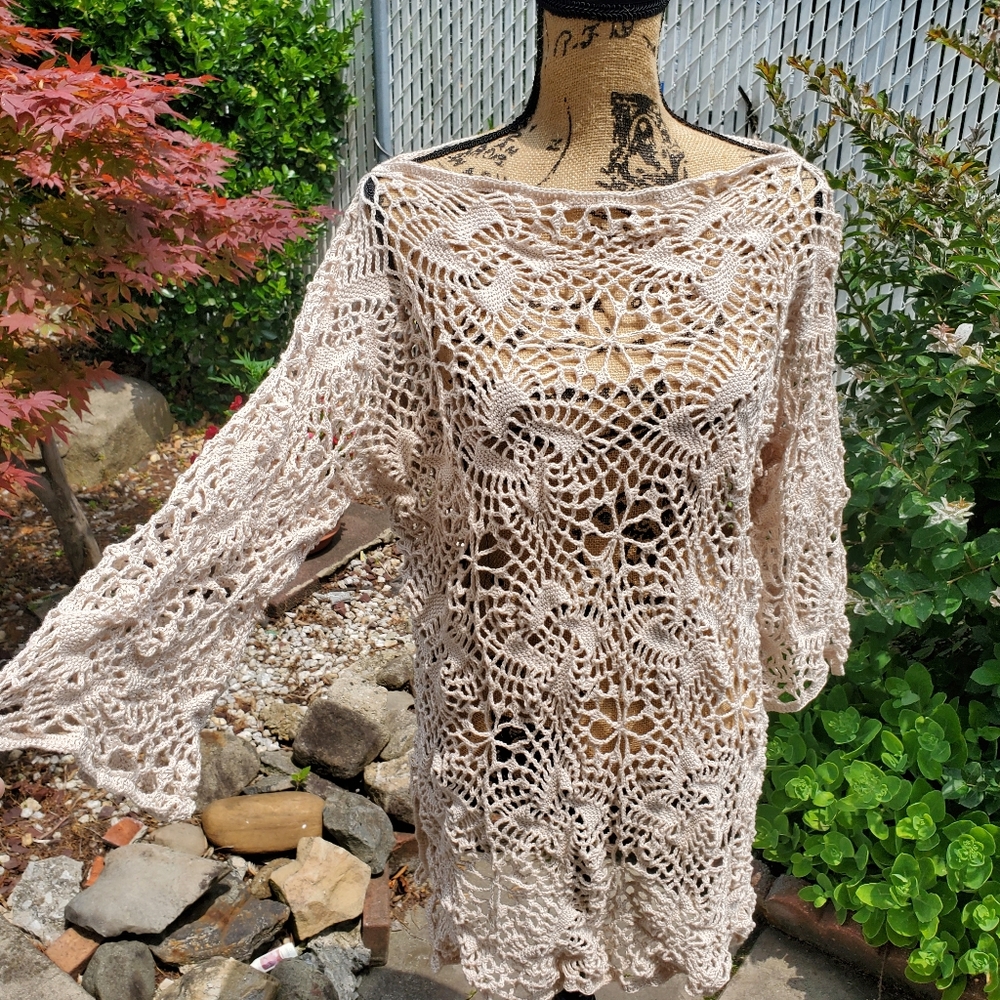 💖 New Handmade Crochet Lace Summer Tunic Top Cover Up - Picture 4 of 6